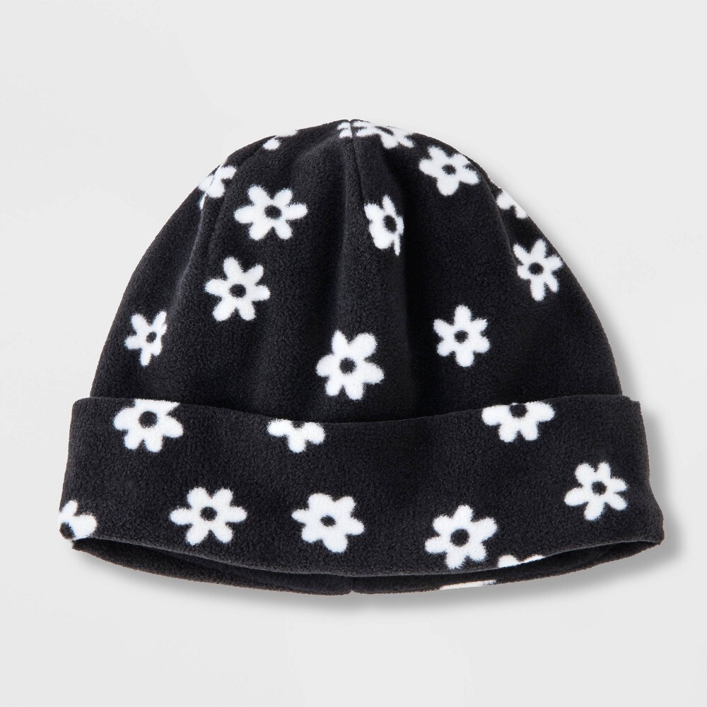 NWT Cat & Jack Girls' Floral Print Fleece Beanie Hat | Black | One Size